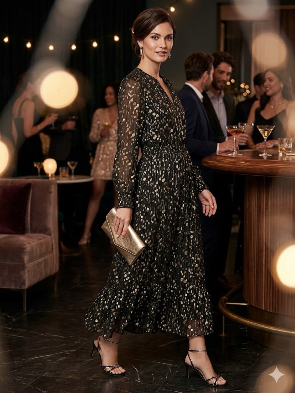 Elie Tahari Silk Blend Black Gold Midi Dress SzL